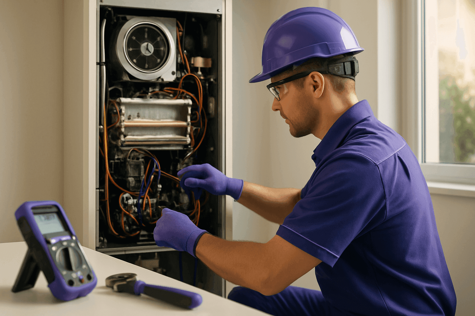 Heating technician in PPE working on HVAC unit in bright, clean residential or commercial space