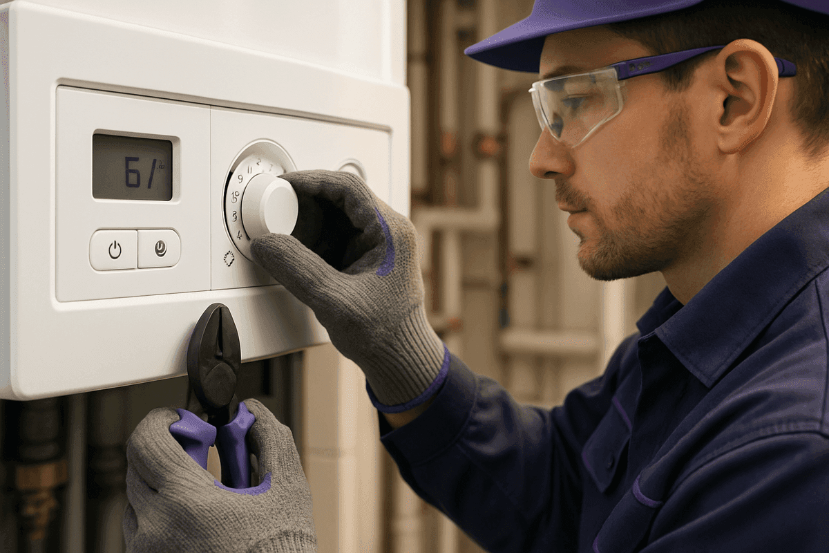 Gloved hands adjusting modern heating system control panel in organized mechanical room
